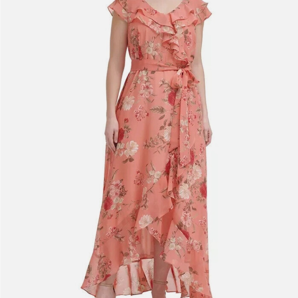 Jessica Howard - Pink Floral Ruffled High-low Wrap Dress Size 14